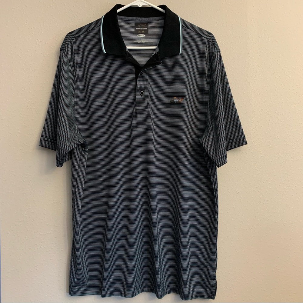 Greg Norman Tasso Elba Mens Golf Polo Shirt Striped Black Gray Blue Play Dry L